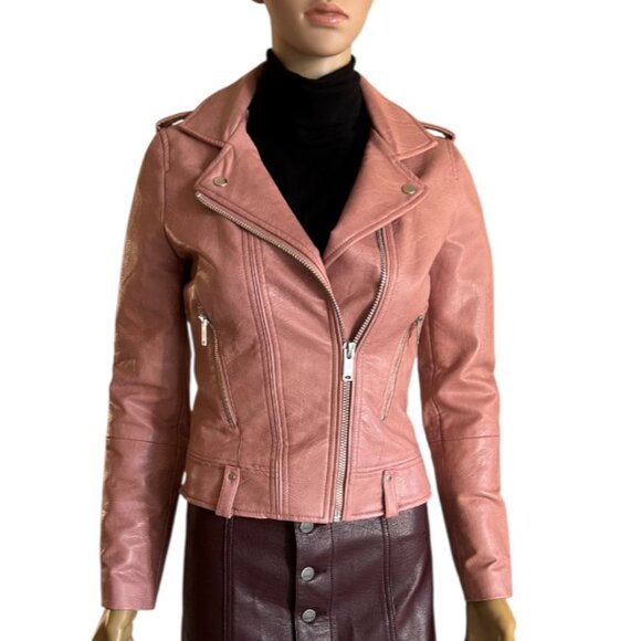 🎄 NWOT🛍️ Mango Faux Leather Pink Holiday Cocktail DUSTY ROSE MOTO JACKET XXS - Picture 2 of 6